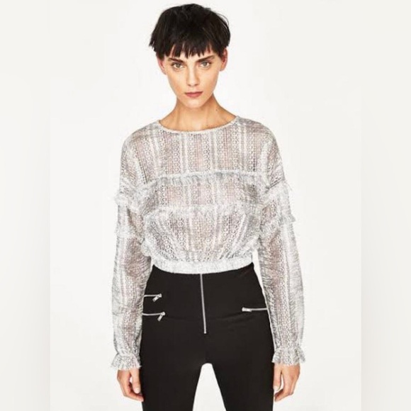 Zara long sleeve crop top silver grey ruffle large as seen on Brec Bessinger - Picture 5 of 14
